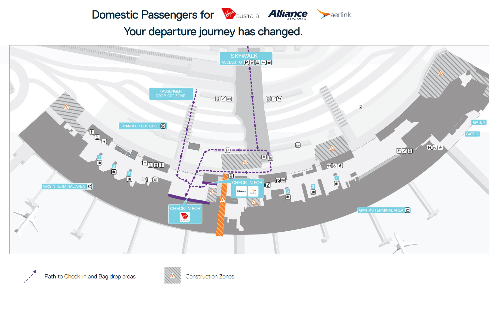 Map showing the paths for check in for Virgin, Alliance and Aerlink