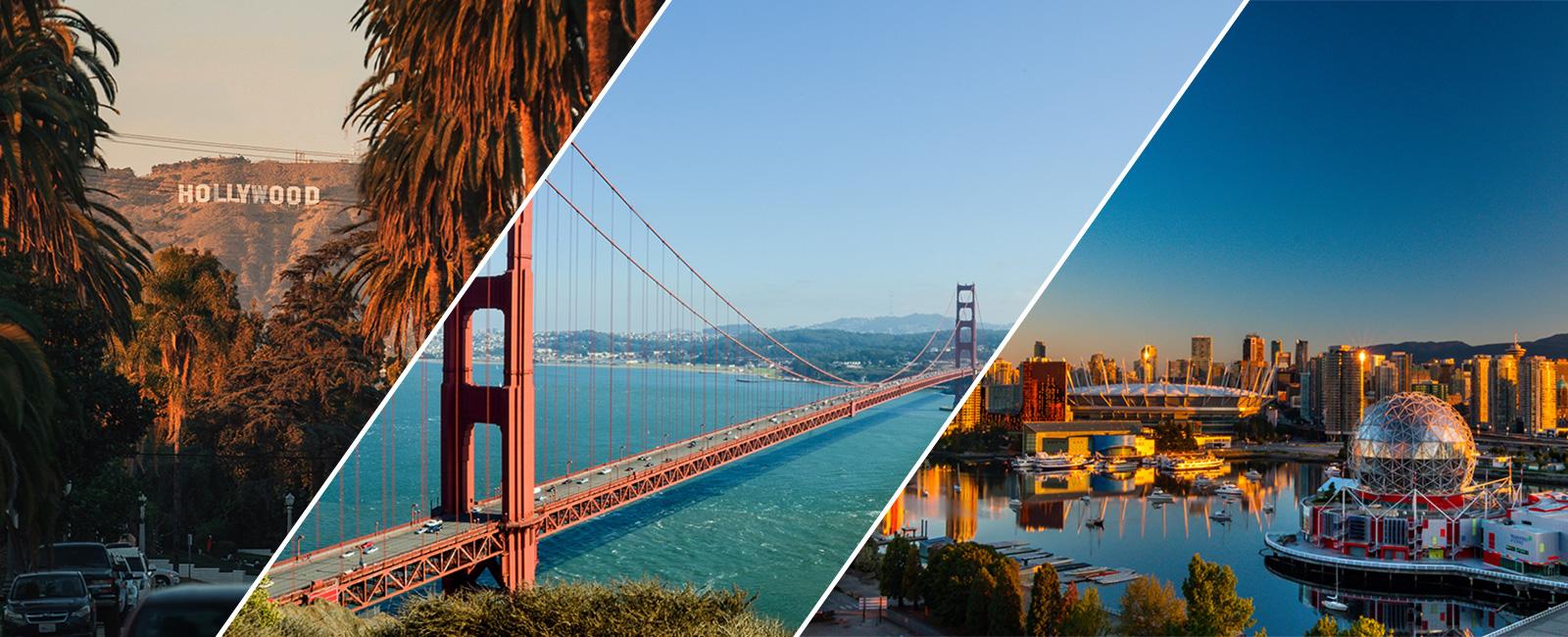 Image of Hollywood sign, Golden Gate Bridge and Vancouver